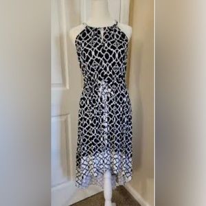 New York and Company, blue and white graduated length dress. Size large.